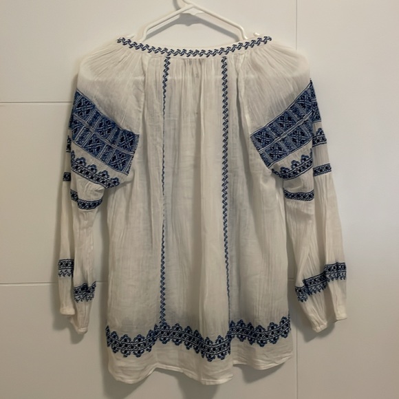 Joie Women's Gauge Cotton Gauze V-Neck Embroidered White Peasant Blouse - Picture 6 of 8